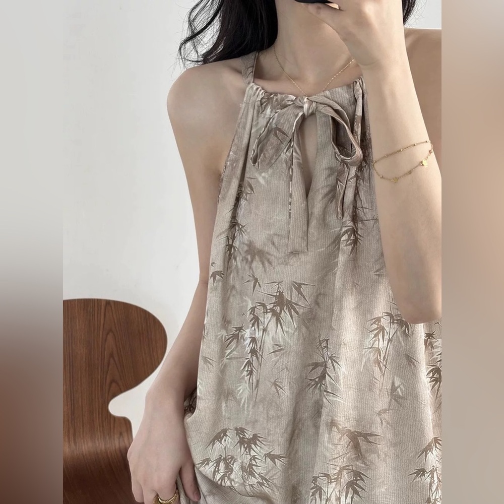 Elegant Serene Bamboo Halter Dress Set – Modern Chinese-Inspired Outfit